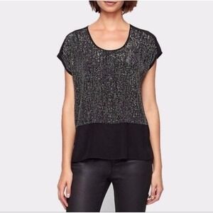 Eileen Fisher Silk Beaded Top XS Black Sequin Boxy Blouse Evening Minimalist